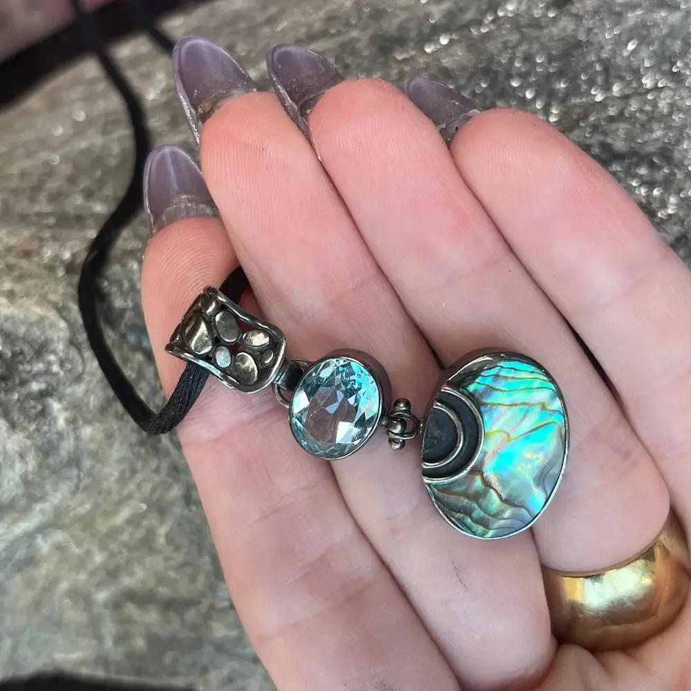 Vintage Estate Abalone and Blue Topaz Stone Pendant Necklace 925 Sterling Silver
